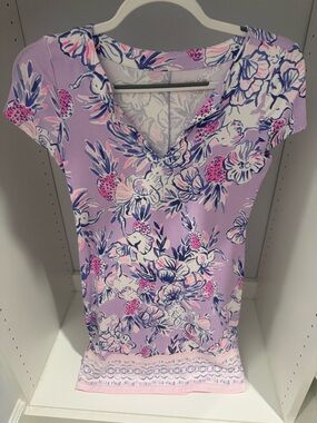 Lilly Pulitzer Lavender Floral V-Neck Dress with Pink & Navy Accents XXS